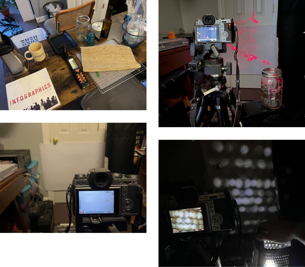 Projection video was created by shining various light sources through different objects to create abstract shapes of light.