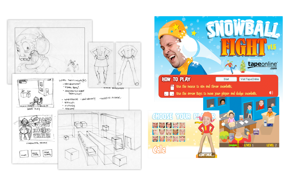 Snowball Fight Flash game sketches